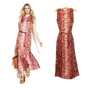 Like New Michael Kors Red Dragon Silk Sleeveless Tie Waist Slit Maxi Dress Small